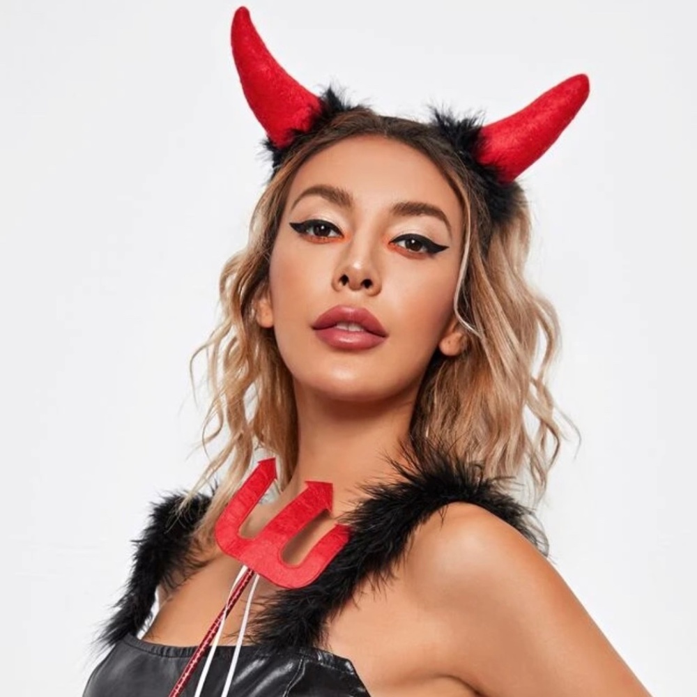 Red Devil Halloween Horn Hair Hoop & Pitchfork Set